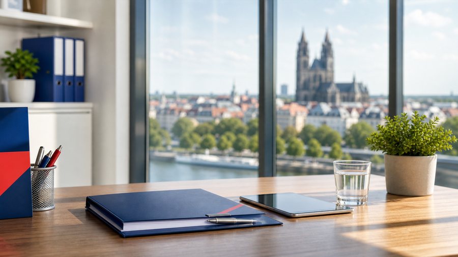 Moderner Beratungstisch mit Blick auf Magdeburg